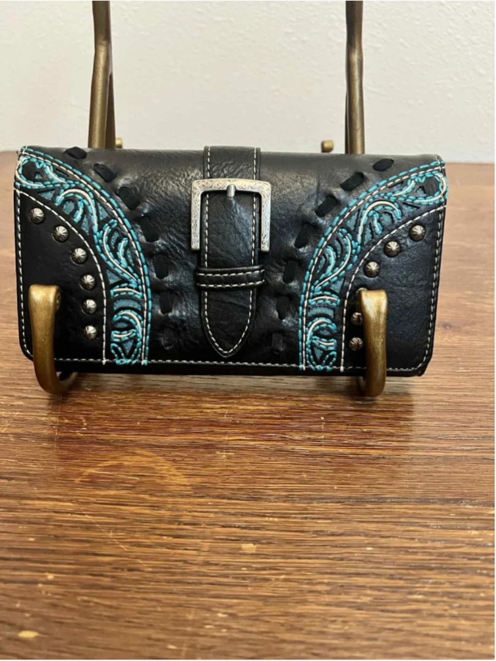 Montana West Wallet NWT Black Turquoise Buckle Western Style Studded Faux MW1132